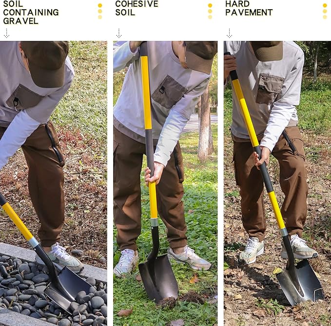 Shovel for Digging, 56 Inches Heavy Duty Shovel for Gardening, Round Shovel for Digging with Fiberglass Handle (Yellow)