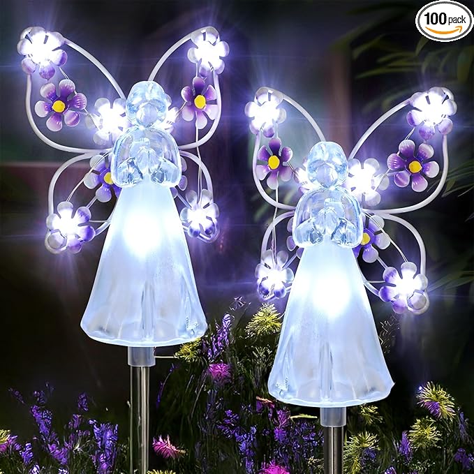 Solar Angels for Cemetery, Fairy Angel Solar Powered Fairy Waterproof Light, 2pcs LED Outdoor Decorative Light, Grave Decorations for Cemetery, Solar Lights for Outside Gardening Supplies