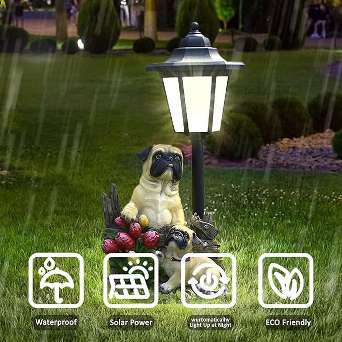 Solar Garden Outdoor Decor Statues Country Farm Pug Dogs with Light,Outside-Outdoor Decorations Sculptures for Patio Yard Lawn Walkway Ornaments Clearance Gifts for Mom Grandma Birthday