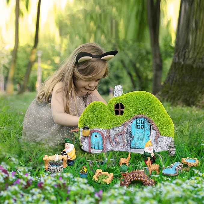 Garden Statues Outdoor Decor - Fairy House with Waterproof Solar Lights Resin Figurines for Yard Lawn Porch Outside Ornament or Garden Gift