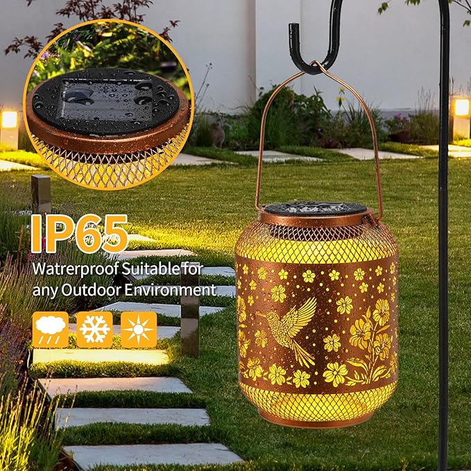 2 Pack Solar Lanterns Outdoor Waterproof Hummingbird Garden Decor Birthday Gifts for Women Mom Grandma Hanging Solar Lights Metal Decoration Outside for Yard, Patio, Backyard, Porch, Pathway