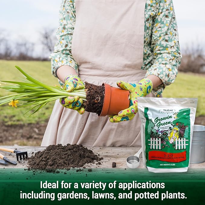 Medina Growin Green Organic Granular Fertilizer - 5 lb Bag - Nutrient Rich Soil Enhancer 3-2-3 Granules for Lush Gardens, Lawns, and Plants - Covers 375 Sq. Ft.