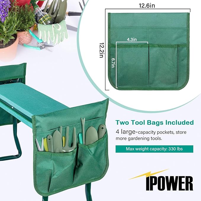 iPower Garden Kneeler and Seat Foldable Kneeling Bench with Sturdy Soft EVA Foam Pad for Outdoor, Fishing, Camping, 4 Tool Pouches Included, 2 Pack