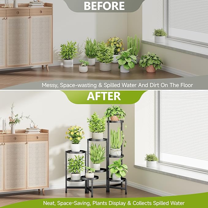8 Tier Metal Plant Stand Indoor, Rotatable Corner Plant Shelf Outdoor, Tiered Flower Pot Display Stand, Multiple Plants Holder for Patio Living Room Balcony Garden Home Decor - Black