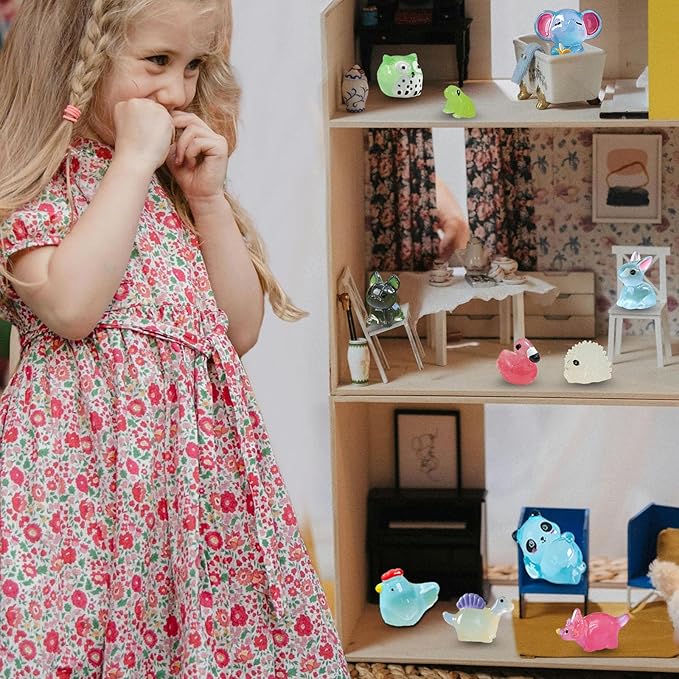 Luminous Mini Resin Animals 250Pcs Tiny Animals Bulk Glow in The Dark Mini Ducks Owls Frogs Pandas Rabbits Mushrooms for Miniature Garden Micro Landscape Aquarium Potted Decoration