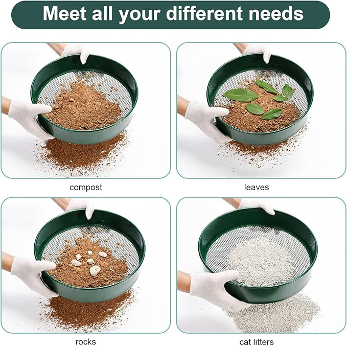 Soil Sieve Garden Riddle Sieve 12" Diameter, Fine Mesh Soil Sieve, Potting Sieve with 4 Interchangeable Filter Mesh Sizes 3,6,9,12mm and Shovel