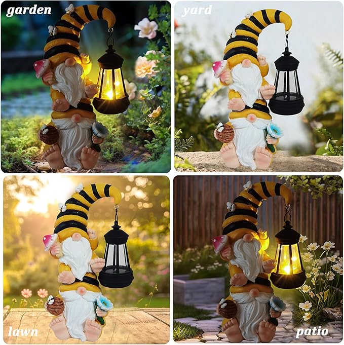 Garden Gnomes Outdoor Solar Bee Garden Gnomes with Led Lantern Outdoor Decor for Yard,Patio,Lawn,Gnome Gifts for Women,Mom,Gnomes Decorations for Yard