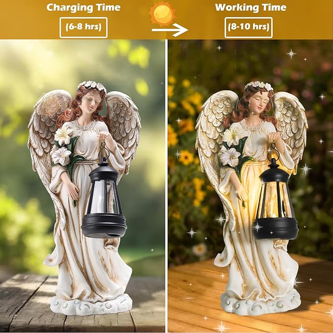 Solar Angel Outdoor Decor Garden Statues – 13.2 inches Angel Figurines Outdoor Sculptures with Solar Lantern for Outside Yard Art Patio Balcony Front Lawn Ornaments Gifts for Mom Grandma Women