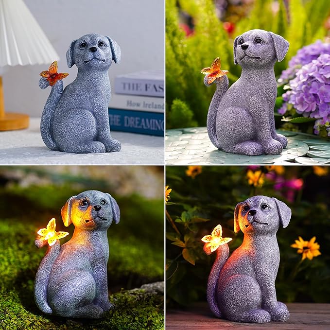 Nacome Solar Dog Outdoor Statues for Garden: Outside Decor with Butterfly Clearance for Yard Art Lawn Ornaments Porch Patio Balcony Home House - Birthday Gifts for Grandma Mom Women