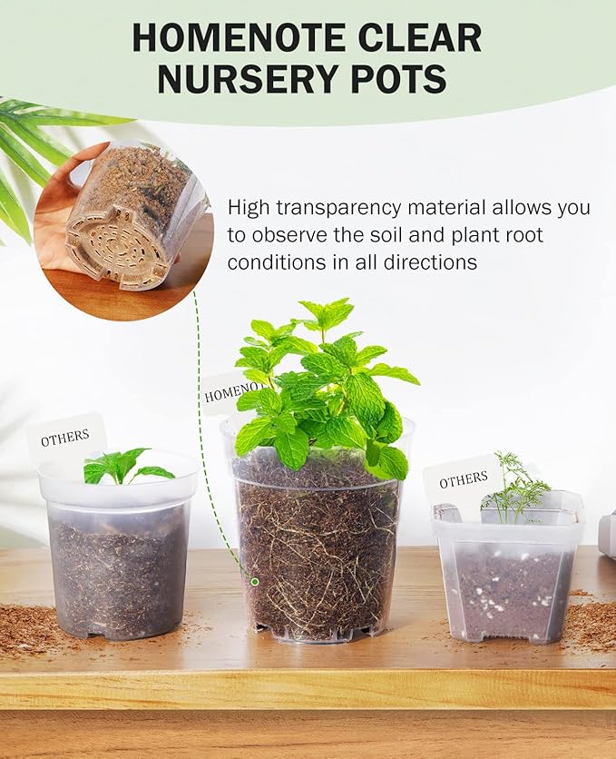 homenote Clear Nursery Pots for Plants,3 Inch Plant Pot for Planting Plastic Seedling with Drainage Holes Seed Starter Flower High Transparency with 20 Labels (60 Pack)