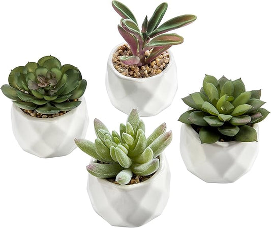 MyGift Miniature Artificial Succulents, Indoor Fake House Plants in Round White Geometric Ceramic Pots, Set of 4