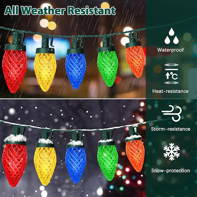C9 LED Christmas Lights, 134FT 200 Bulbs Outdoor Christmas Decorations for House Waterproof String Lights Extendable Green Wire Fairy Lights for Patio Xmas Garden Party Wedding Indoor Multicolor