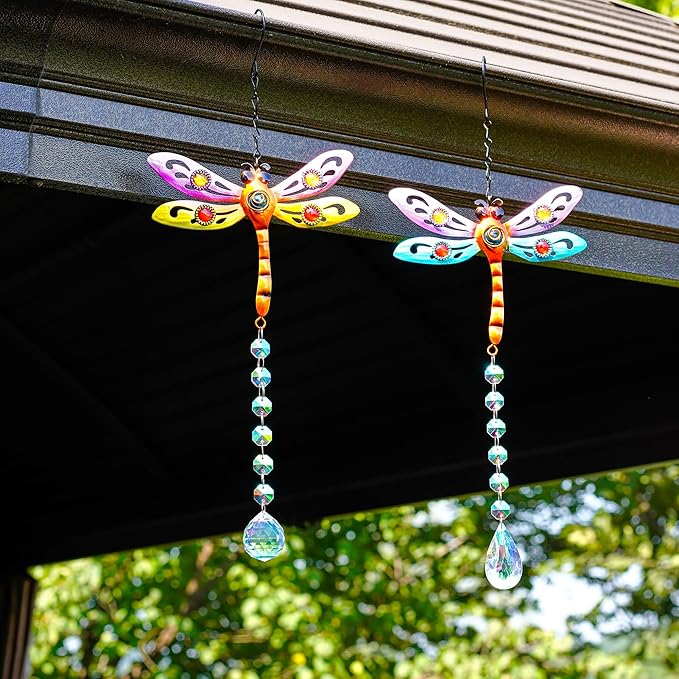 Crystal Dragonfly Suncatchers for Christmas, 2 Pack Dragonfly Sun Catcher for Windows Hanging, Stained Glass Dragonfly Ornament for Outdoor Home Decor