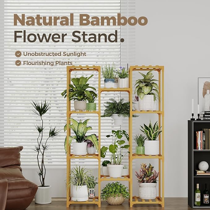 Bamworld Bamboo Plant Stand Indoor Hanging Plants Shelf for Multiple Plants Pots, Tall Large Flower Holder for Living Room, Patio, Balcony, Garden Nature Color