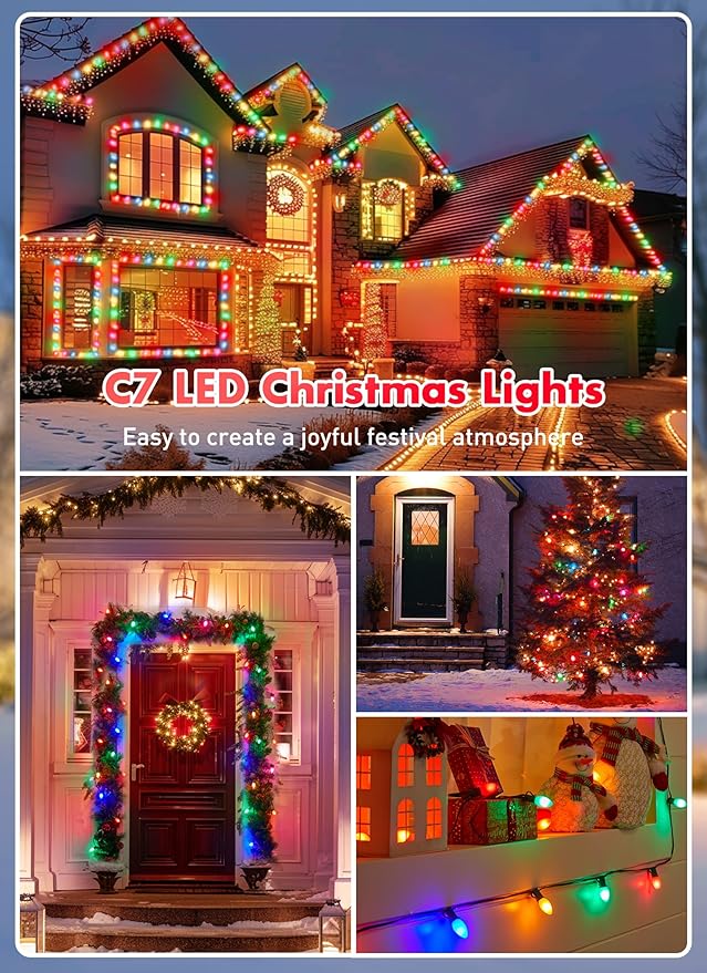 Multicolor C7 LED Christmas Lights Outdoor, 50FT Colorful Christmas String Lights with 50+2 Plastic Bulbs, Traditional Hanging Holiday Lights for Christmas Tree Patio Fence Roofline Xmas Decorations