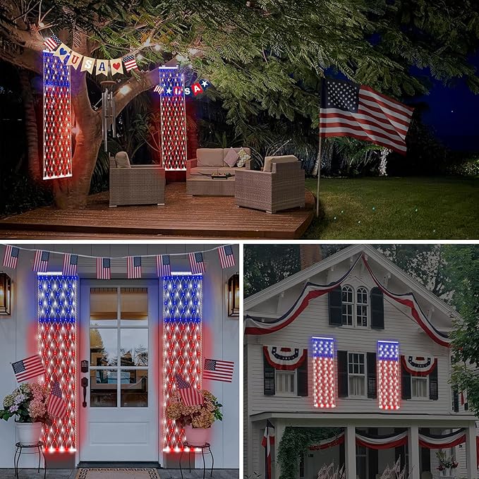 DBFAIRY 2 PCS American Flag Lights, 336 LED 4th of July USA Flag Lights Outdoor with Timer, 8 Modes Red White Blue Banners Lights for Independence Flag Day, Each 6.6Ft (L) x 1.2Ft (W)