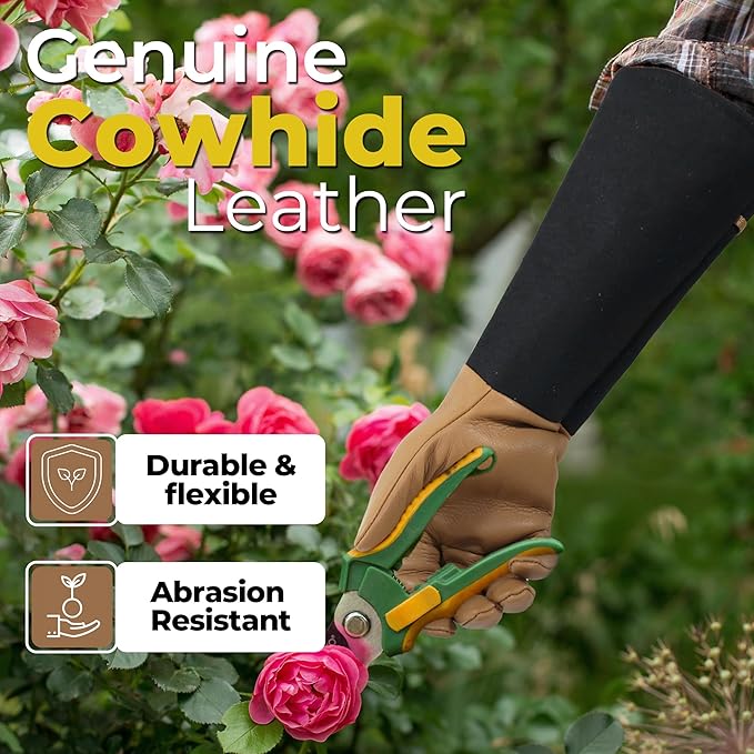 HANDLANDY Long Gardening Gloves for Men & Women, Cowhide Leather Rose Pruning Gloves, Breathable Thorn Proof Gauntlet Gloves (Brown-Cowhide, S)