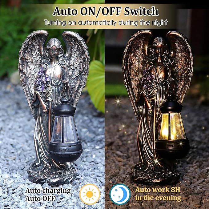 Solar Angel Outdoor Garden Decor Statues – 13.2 inches Solar Outdoor Sculptures for Outside Yard Art Patio Balcony Front Lawn Ornaments Gifts for Mom Grandma Women（Bronze）