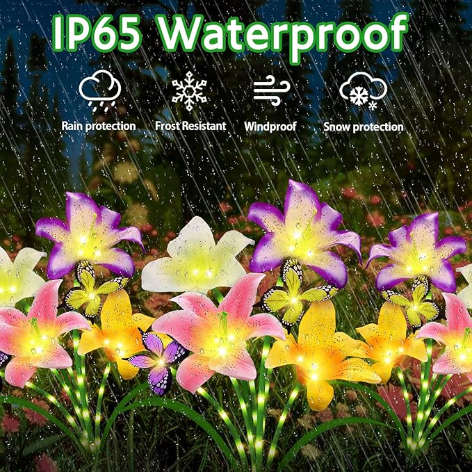 Solar Garden Lights 2 Pack 8 Lily Flowers with Butterfly Decor, Waterproof Solar Flower Lights for Outdoor - Upgraded Decorative Lilies for Yard, Patio, Pathway Decorations & Gardening Gifts