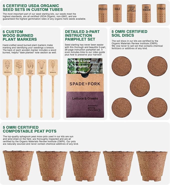 Organic Indoor Lettuce & Greens Garden Starter Kit - Certified USDA Organic Non GMO - Includes Spinach, Kale, Red Romaine, Loose Leaf Lettuce Seeds for Planting, Potting Soil, Peat Pots