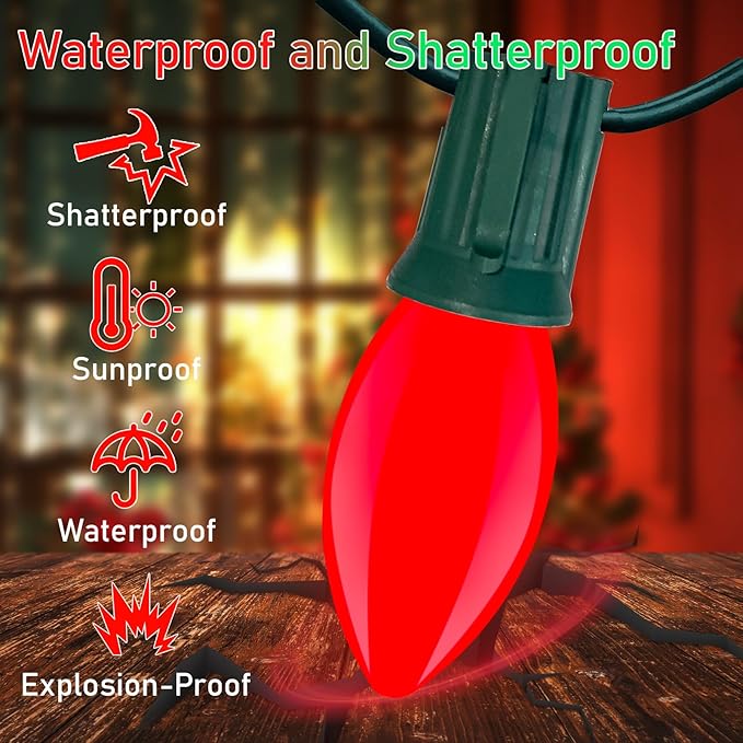 Red White LED Christmas Lights 25FT - Vintage C9 Outdoor String with 26 Bulbs, Extendable Commercial Holiday Decor for Roofline, Patio, Backyard & Parties