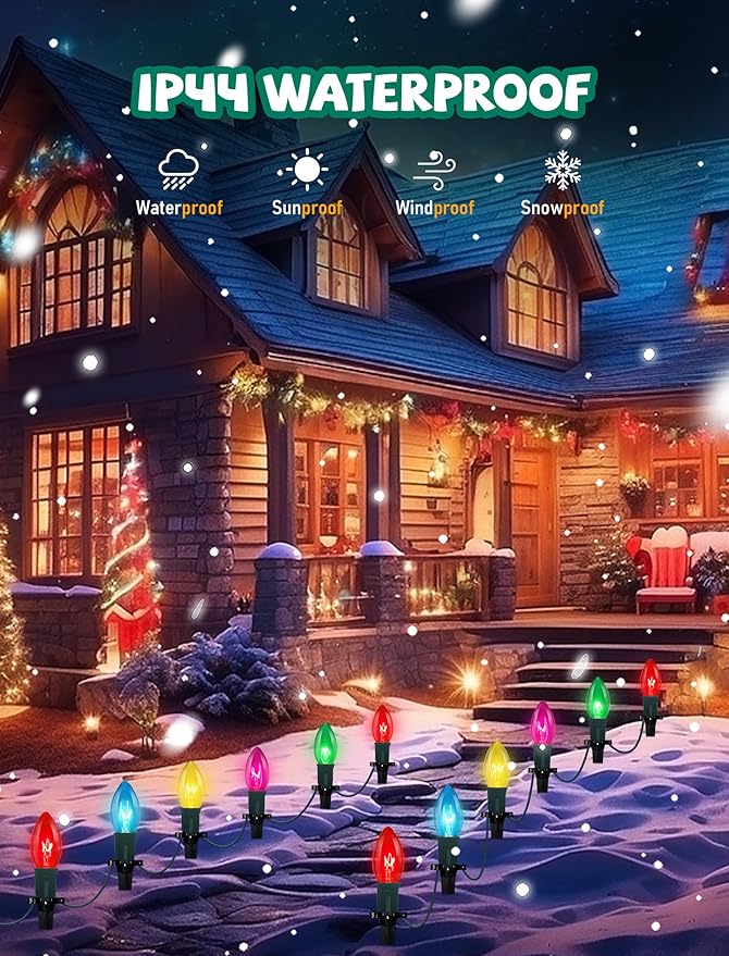 C9 Christmas Pathway Lights Outdoor, 38Ft Outdoor Christmas Decorations with 25 C9 Multicolor Bulbs Christmas Stakes Lights, Connectable Christmas Walkway Lights for Outside Yard Lawn Sidewalk Garden