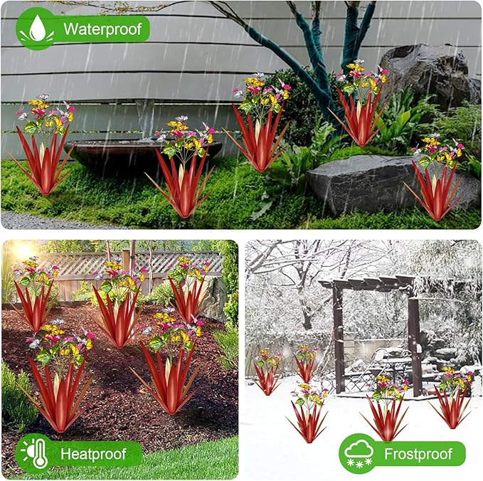 Garden Outdoor Butterfly Enlarge Thickened Wind Resistant Metal Agave Garden Art Metal Plant Country Sculpture Statue Decorations Ornaments Artificial Waterproof Butterflies(red 2pcs)