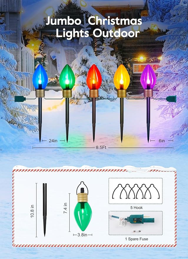 Jumbo C9 Christmas Lights Outdoor Decorations Lawn with Pathway Marker Stakes, 8.5 Feet LED Lights Covered Jumbo Multicolored Light Bulb for Holiday Outside Yard Garden Decor, 5 Lights