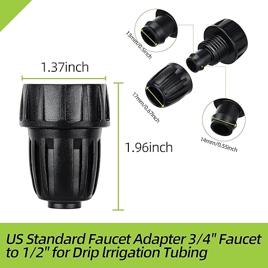 6 Pack 1/2 Inch Drip Irrigation Tubing to Faucet/Garden Hose Adapter, 3/4" to 1/2" Irrigation Hose Adapter, 3/4" Female Faucet Connector Fitting for Irrigation Tubing (1/2'' ID x 0.60''-0.64'' OD)