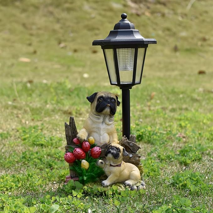 Solar Garden Country Farm Pug Dogs with Light, Outside-Outdoor Decorations Animal Statue for Patio Yard Lawn Walkway Ornaments Clearance Gifts for Mom Grandma Birthday