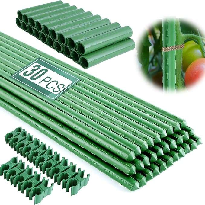 Garden Stakes 16 Inch 30 Pack, Diy 4ft 5ft 6ft 7ft 8ft Tomato Stakes Plastic Coated Metal Plant Sticks Stakes Supports with 20 Connectors 15 Rotatable Clips for Indoor Outdoor Plants Vegetable