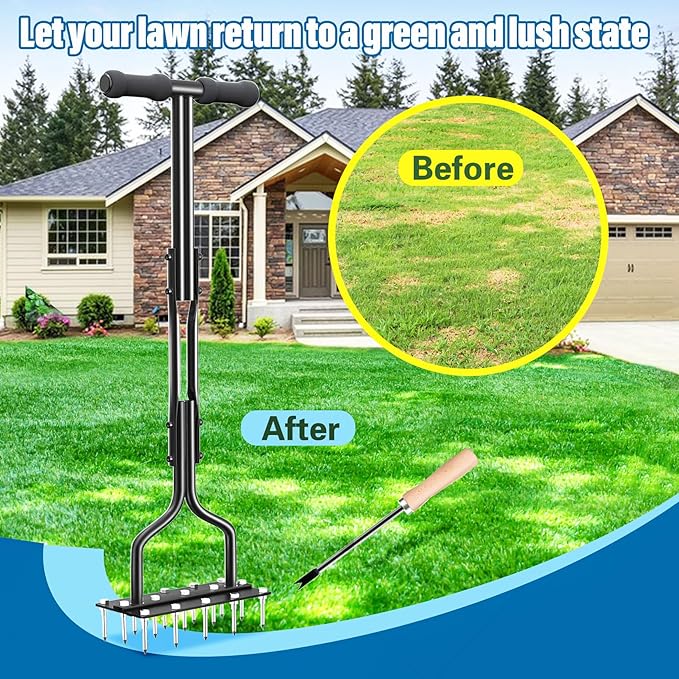 Lawn Aerator, Lawn Spike Aerator Manual Tool with 15 Pieces Solid Steel Spikes, Garden Grass Aeration, Soil Aerating Tool with Clean Tool for Aerating Lawns and Yard Care