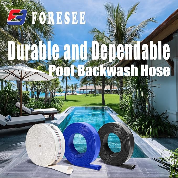 Foresee 3.00 in x 30 ft Backwash Discharge Hose Heavy Duty Reinforced, PVC Lay-Flat Fire Hose (White) with Dual Clamps, for Swimming Pool Pipe, Pump, Water Transfer, Garden Irrigation