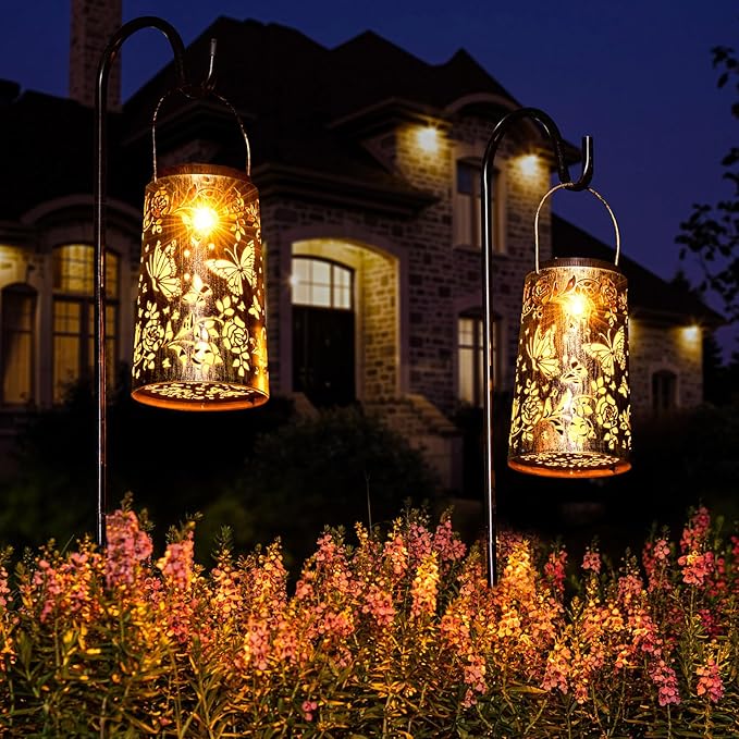 Outdoor Solar Lanterns Large Butterfly Pattern Lantern Hanging Light House Yard Patio Backyard Porch PathwayDecor Gifts for Women Grandma Mom Friends 2pcs