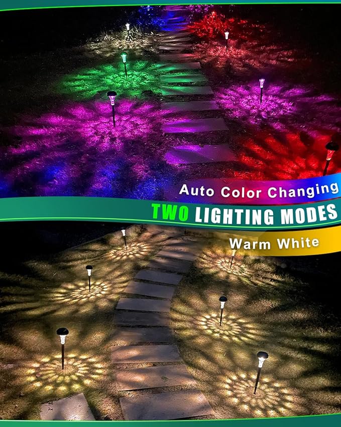 Solar Pathway Lights Outdoor, 8 Pack RGB Color Changing+Warm White LED Path Light IP67 Waterproof, Solar Powered Lights for Walkway Driveway Garden Yard Backyard Lawn Landscape Lighting Decorative