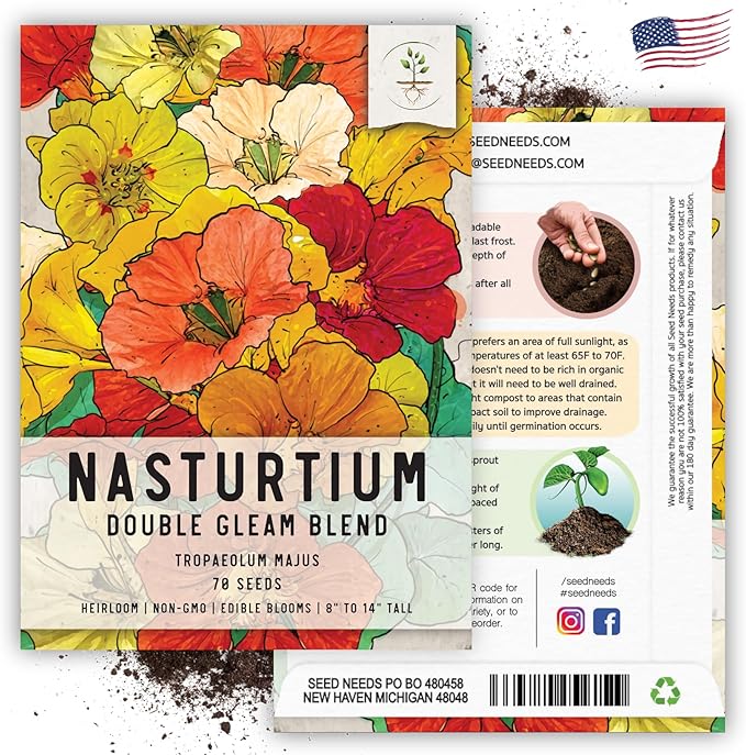 Seed Needs Double Gleam Nasturtium Seeds - 70 Heirloom Seeds for Planting Tropaeolum majus - Edible Flowers to Add to Salads, Grow in a Butterfly Garden to Attract Poillinators (1 Pack)