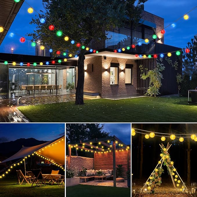 Solar Lantern String Lights Waterproof Outdoor, 40ft 40Led Warm White & Multi-Color Garden Lights Hanging Hemp Rope Nylon Lanterns with Remote, Timer for Yard, Balcony, Fences, Porch, Patio, Party