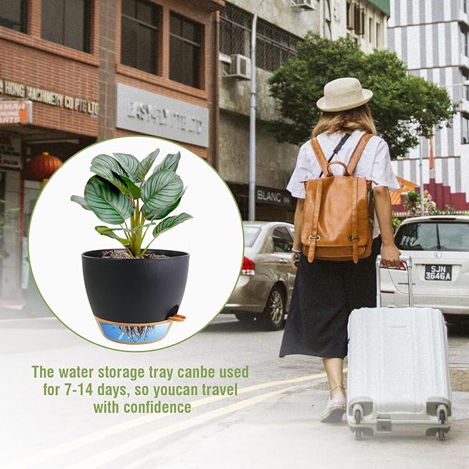 8 inch Self Watering Pots, 2 Pack Plastic Planters with Mesh Drainage Holes for Garden Plants and Flower, Plants Pots with Deep Reservoir for Indoor Outdoor Plants, Black with Brown