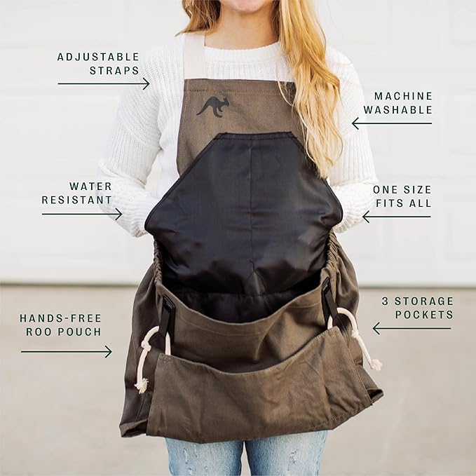 Roo Gardening Apron with Pockets & Harvesting, Picking Pouch - Adjustable, Water-resistant, Washable Canvas Cotton