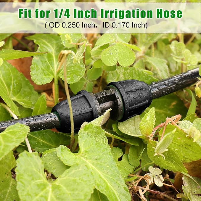 JAYEE 1/4 Inch Drip Irrigation Fittings Barbed Coupling Connectors, 25 Pcs Drip Line Parts for for ¼ In. Tubing, Irrigation Coupler with Locked Nuts for Trees, Shrubs, Sprinkler Systems, Black