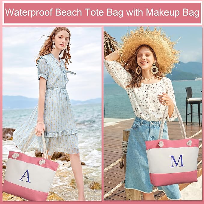 YOOLIFE Beach Bags for Women - Initial Tote Waterproof Bag with Makeup Bag, Mothers Day Gifts for Women Mom Friend Birthday