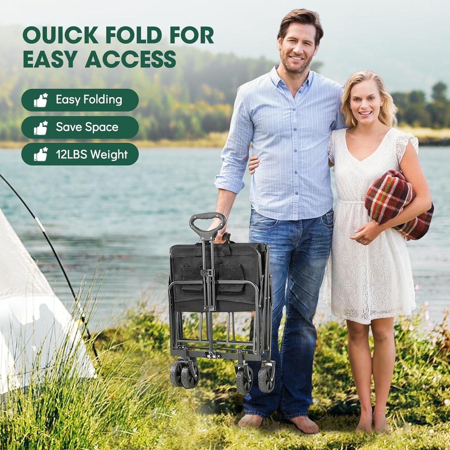 Collapsible Wagon with Wheels, 370lbs Weight Capacity Foldable Beach Wagon with Flexible Handle Portable Utility Wagon Cart for Outdoor, Grocery, Garden, Camping