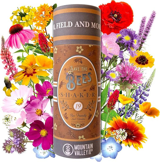 Save the Bees Wildflower Seed Shaker - ~100,000+ Wild Flower Seeds for Planting - Beautiful Easy to Sow Seed Shaker - 19 Varieties to Attract Bees & Other Pollinators - 3 oz. of Seed Covers ~370 sq ft