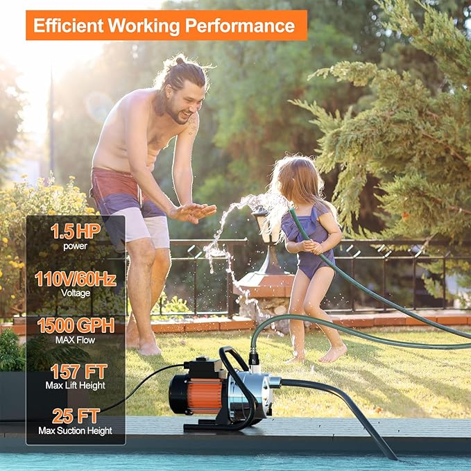 1.5 HP Portable Water Transfer Pump 1500 GPH Shallow Well Pump Garden Booster Sprinkler Pumps for Irrigation Lawn Farm Water Removal with Adapters, Orange