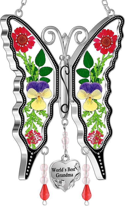 KY&BOSAM New Butterfly Suncatcher Stain Glass World`s Best Grandma Butterfly Suncatcher Hanging for Window Wind Chime Gifts for Grandma Mother`s Day Valentine's Birthday Christmas Thanksgiving