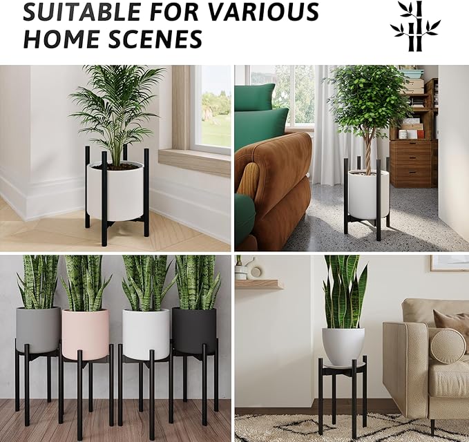 Adjustable Plant Stand Indoor, Bamboo Plant Holder 8 to 12 Inches, Small Tall Planter Stand for Indoor Plants, Single Floor Plant Stand for Living Room Balcony Bedroom, Pure Black