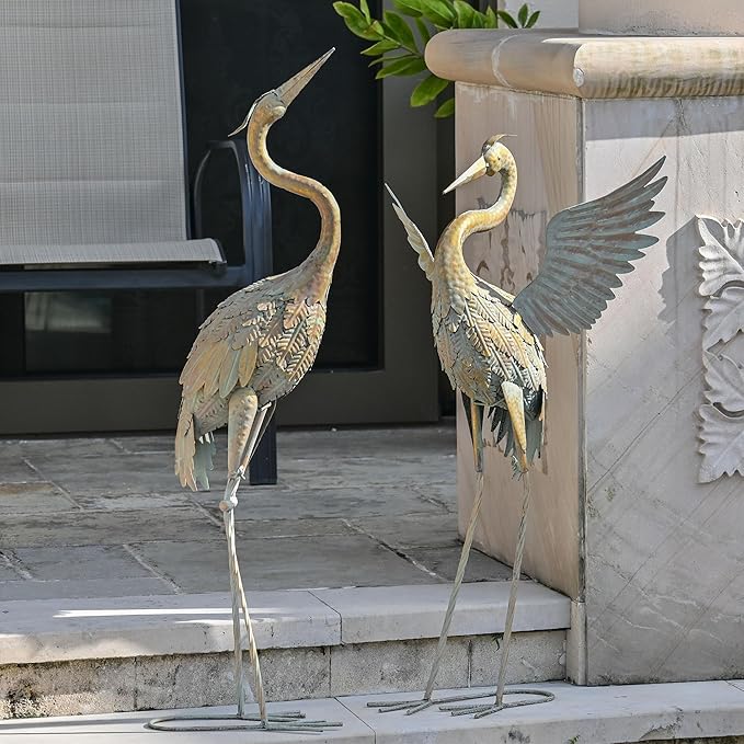 TERESA'S COLLECTIONS Yard Decorations Outdoor Garden Statues, Gold Metal Crane Yard Art, 33-39inch Lawn Ornaments for Backyard, Outside Porch, Patio, Wedding Decor,Set of 2,Spring Decor,Gifts for Mom