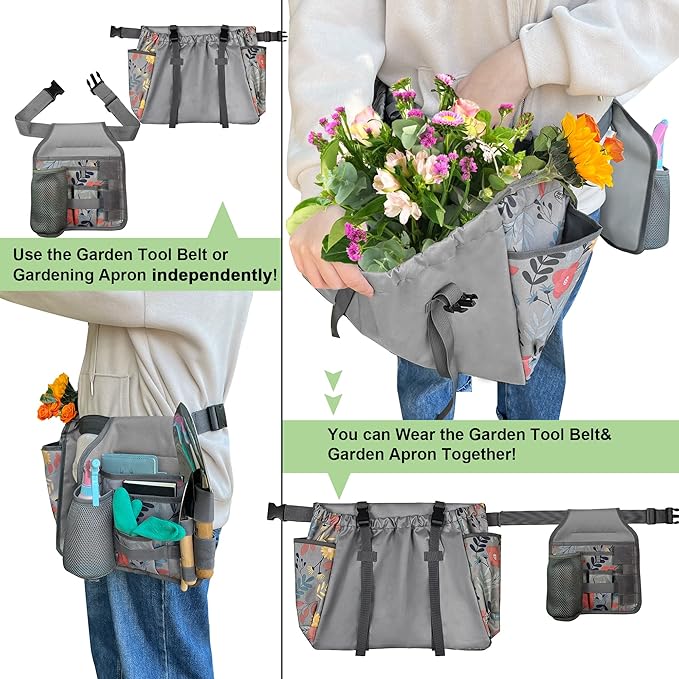Gardening Apron Garden Tool Belt Set - Garden Apron W/Pockets Gardening Tool Pouch Garden Tool Organizer Belt (Grey)