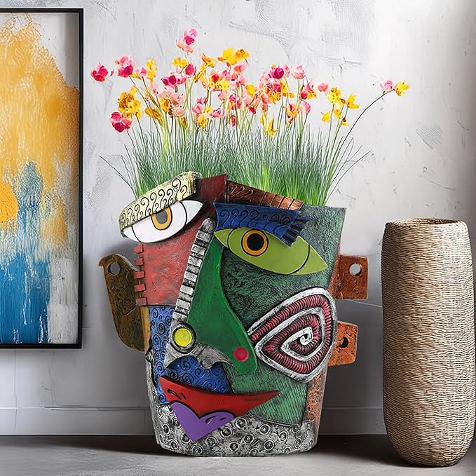 Picasso Brutalist Abstract Beauty Face Flower Pot Ornaments Abstract Face Flower Pots Abstract Head Planter Pots Container Colorful Face Art Abstract Resin Flower Pot (Picasso abstract flowerpot)