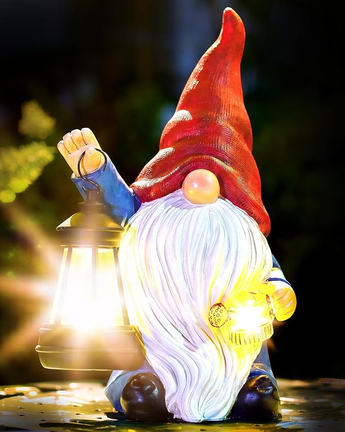 Solar Garden Gnome Christmas Gnome Outdoor Statues Garden Decor Resin Birthday Gifts for Women Mom Art for Yard Porch Patio Lawn Yard with Watering Can Lights Lantern